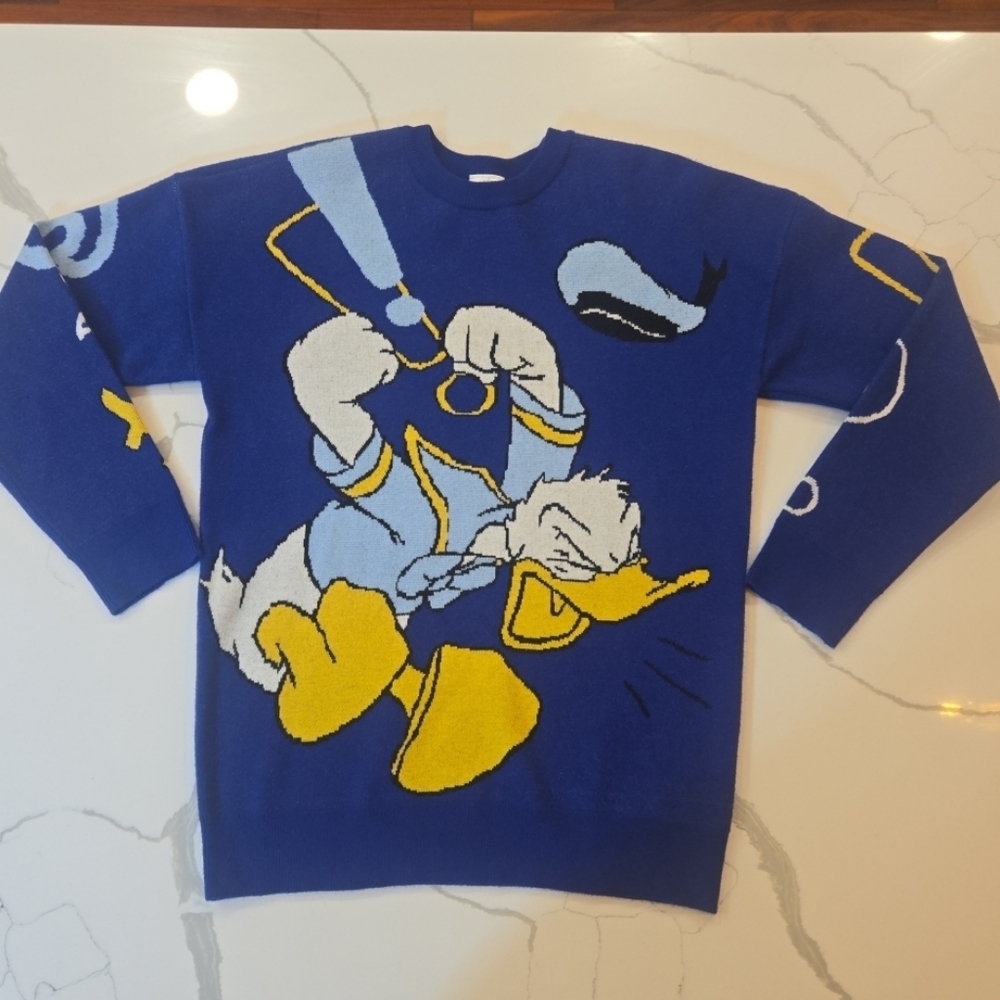 VTG Disney Angry Jumping Donald Duck Crewneck Pullover Sweater Unisex XS Blue